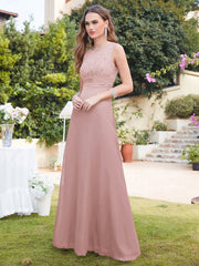 Long A line Sleeveless Scoop Neck Ruffle Chiffon Bridesmaid Dresses