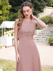 Long A line Sleeveless Scoop Neck Ruffle Chiffon Bridesmaid Dresses