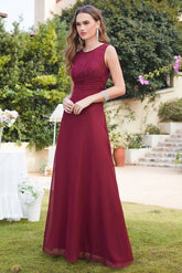Long A line Sleeveless Scoop Neck Ruffle Chiffon Bridesmaid Dresses