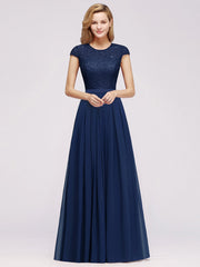 Long A-line Tulle Floral Lace Bridesmaid Dress with Cap Sleeves