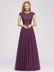 Long A-line Tulle Floral Lace Bridesmaid Dress with Cap Sleeves