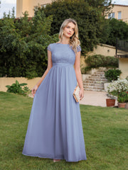 Long A-line Tulle Floral Lace Bridesmaid Dress with Cap Sleeves