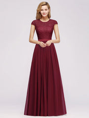 Long A-line Tulle Floral Lace Bridesmaid Dress with Cap Sleeves