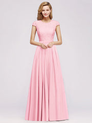 Long A-line Tulle Floral Lace Bridesmaid Dress with Cap Sleeves