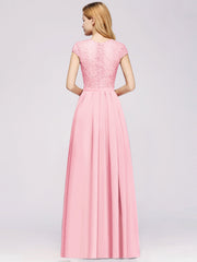 Long A-line Tulle Floral Lace Bridesmaid Dress with Cap Sleeves