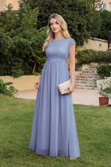Long A-line Tulle Floral Lace Bridesmaid Dress with Cap Sleeves