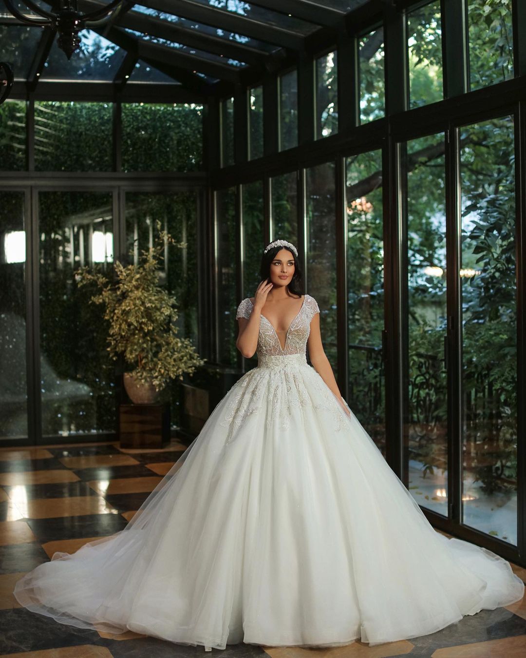 Long A-Line V-Neck Cap Sleeve Wedding Dress with Beaded Tulle