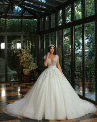 Long A-Line V-Neck Cap Sleeve Wedding Dress with Beaded Tulle
