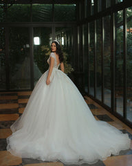 Long A-Line V-Neck Cap Sleeve Wedding Dress with Beaded Tulle