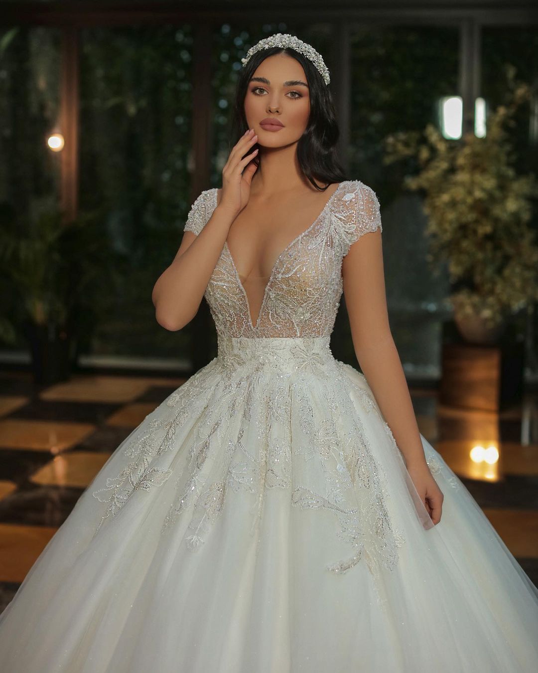 Long A-Line V-Neck Cap Sleeve Wedding Dress with Beaded Tulle
