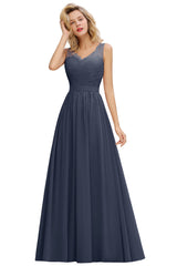 Long A line V-neck Ruffle Sleeveless Chiffon Bridesmaid Dress