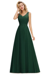 Long A line V-neck Ruffle Sleeveless Chiffon Bridesmaid Dress