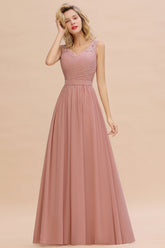Long A line V-neck Ruffle Sleeveless Chiffon Bridesmaid Dress