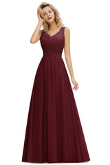 Long A line V-neck Ruffle Sleeveless Chiffon Bridesmaid Dress