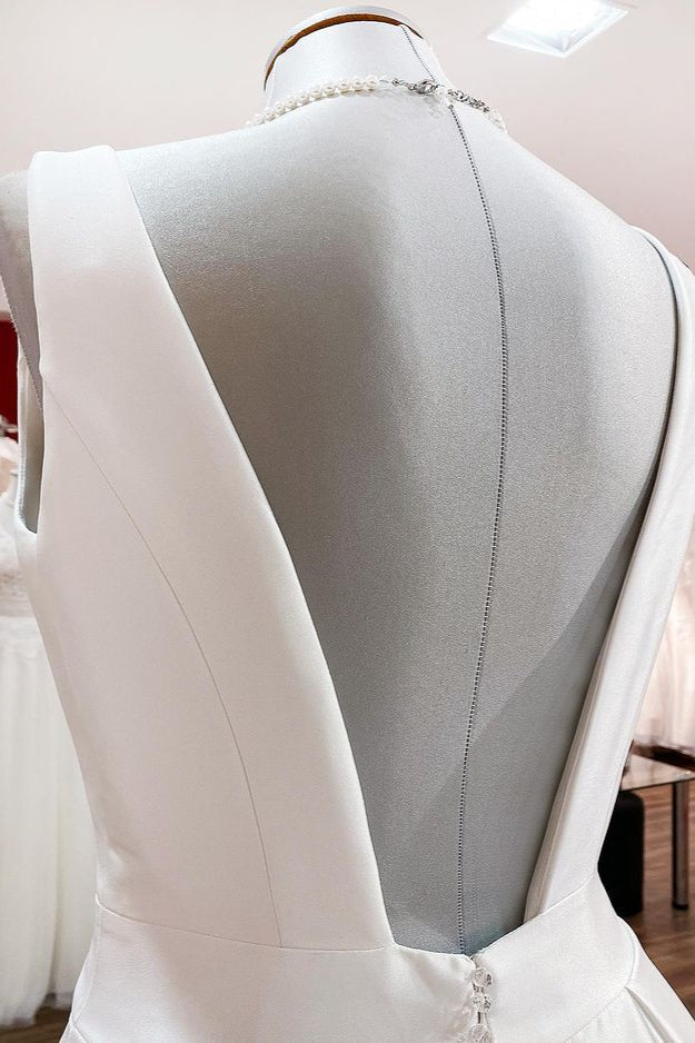 Long A-Line V-Neck Satin Open Back Wedding Dress with Ruffles