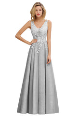 Long A Line V-Neck Sleeveless Tulle Lace Formal Dress with Appliques