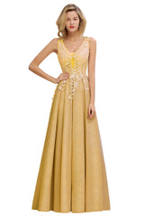 Long A Line V-Neck Sleeveless Tulle Lace Formal Dress with Appliques