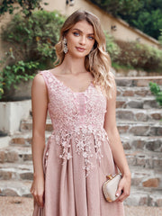 Long A Line V-Neck Sleeveless Tulle Lace Formal Dress with Appliques