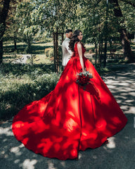 Long Ball Gown Princess Satin V-Neck Wedding Dress with Lace