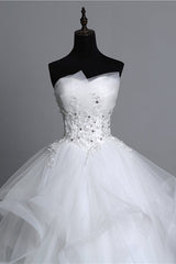 Long Ball Gown Strapless Tulle Layered Wedding Dress with Beaded Appliques