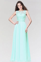 Long Chiffon Lace Sleeveless A Line Ruched Bridesmaid Dress
