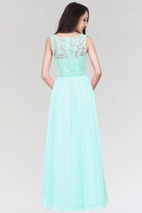 Long Chiffon Lace Sleeveless A Line Ruched Bridesmaid Dress