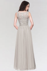 Long Chiffon Lace Sleeveless A Line Ruched Bridesmaid Dress