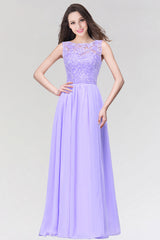 Long Chiffon Lace Sleeveless A Line Ruched Bridesmaid Dress