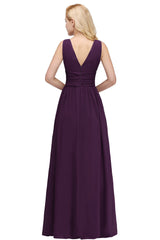 Long Chiffon V Neck Off The Shoulder Ruffle Floor Length Bridesmaid Dress