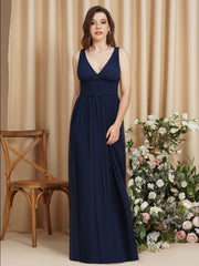 Long Chiffon V Neck Off The Shoulder Ruffle Floor Length Bridesmaid Dress