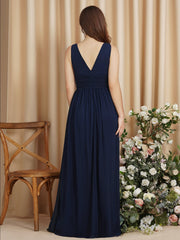 Long Chiffon V Neck Off The Shoulder Ruffle Floor Length Bridesmaid Dress