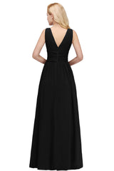 Long Chiffon V Neck Off The Shoulder Ruffle Floor Length Bridesmaid Dress
