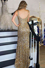 Long Gold Square Neck Prom Dress with High Slit