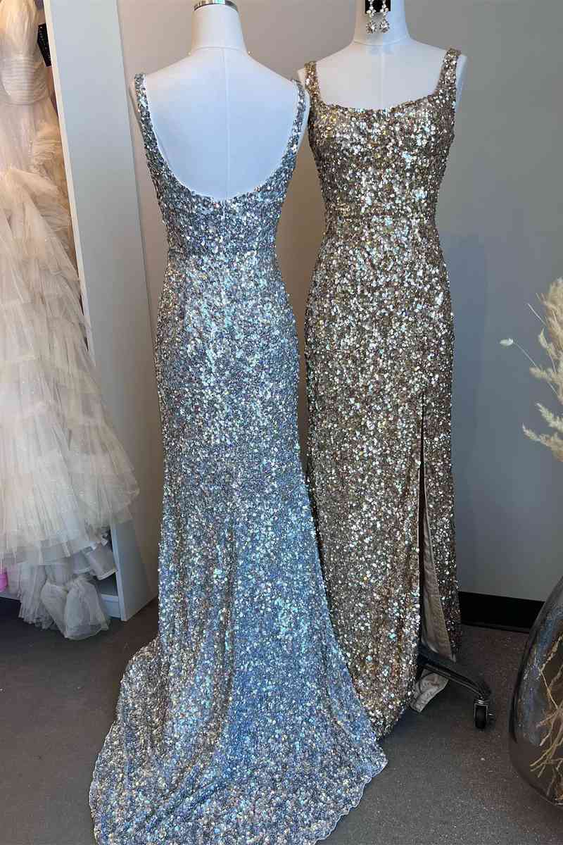 Long Gold Square Neck Prom Dress with High Slit