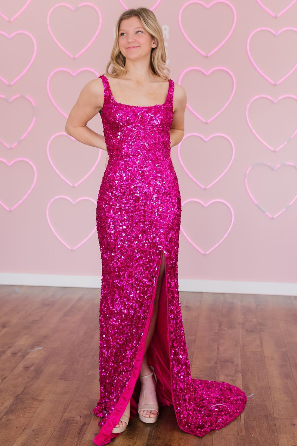 Long Gold Square Neck Prom Dress with High Slit