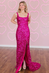 Long Gold Square Neck Prom Dress with High Slit