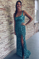 Long Gold Square Neck Prom Dress with High Slit