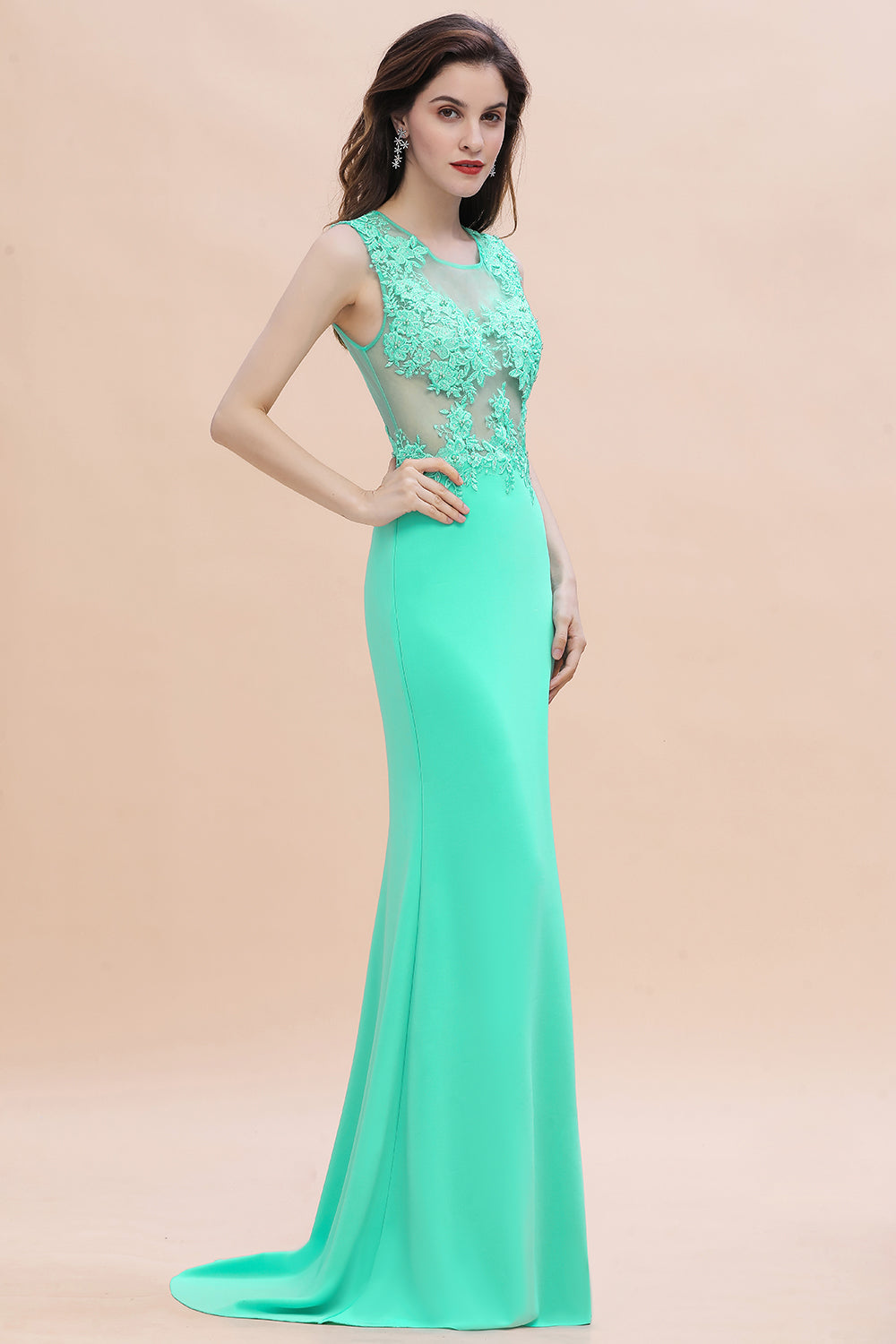 Turquoise Crew neck Cap sleeve Lace appliques Curves/Mermaid Floor Length Dress - Babyonlines
