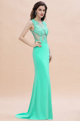 Turquoise Crew neck Cap sleeve Lace appliques Curves/Mermaid Floor Length Dress - Babyonlines