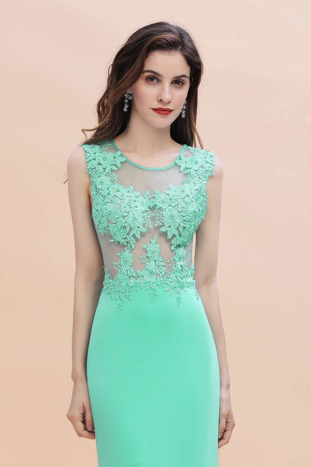 Turquoise Crew neck Cap sleeve Lace appliques Curves/Mermaid Floor Length Dress - Babyonlines