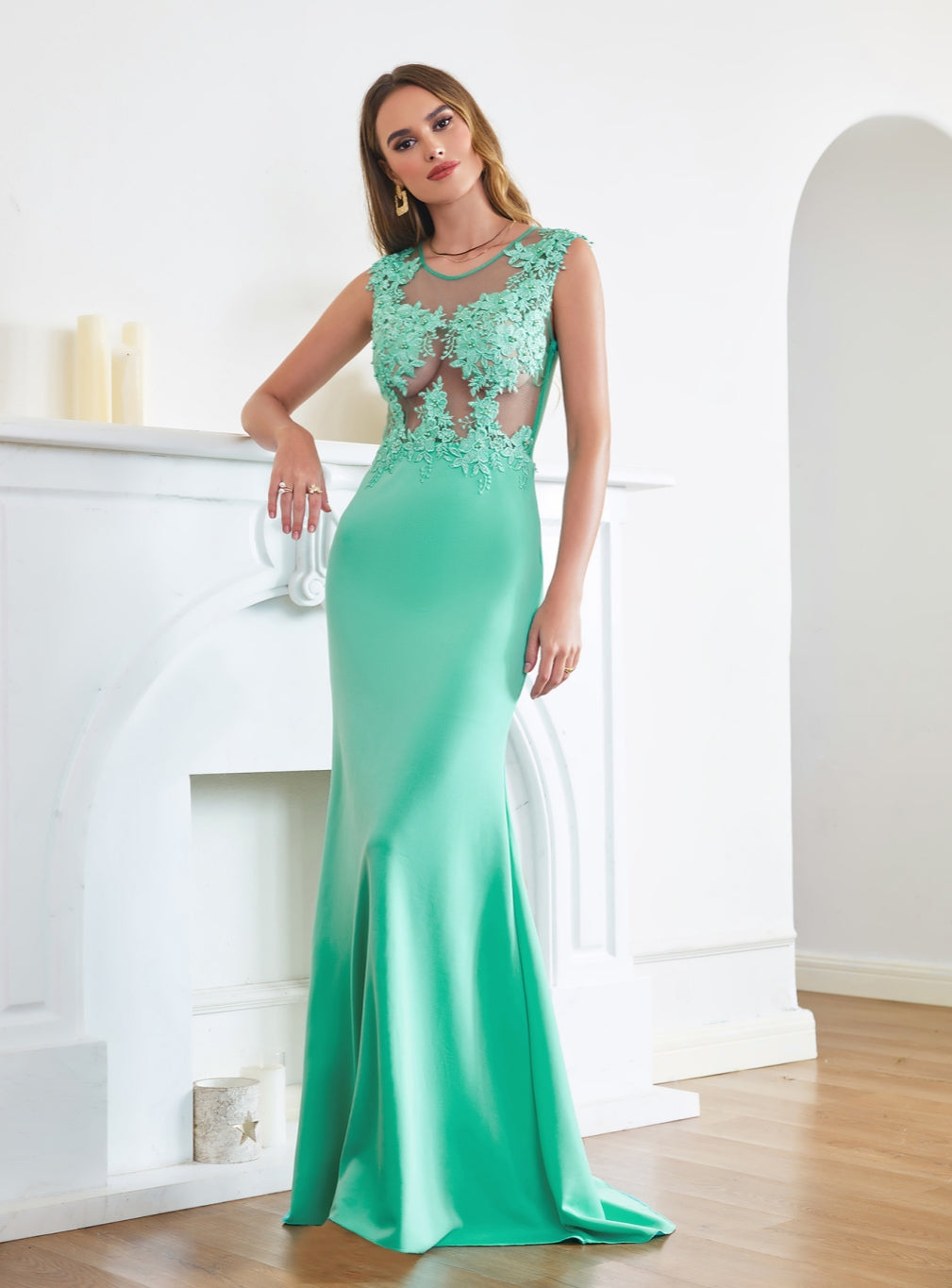 Turquoise Crew neck Cap sleeve Lace appliques Curves/Mermaid Floor Length Dress - Babyonlines