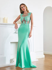 Turquoise Crew neck Cap sleeve Lace appliques Curves/Mermaid Floor Length Dress - Babyonlines