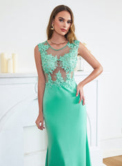 Turquoise Crew neck Cap sleeve Lace appliques Curves/Mermaid Floor Length Dress - Babyonlines