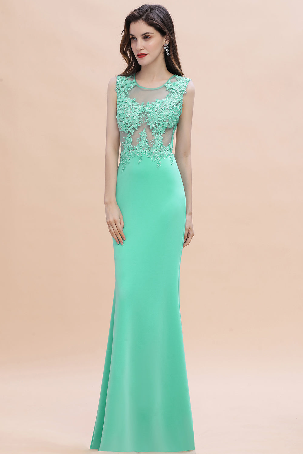 Turquoise Crew neck Cap sleeve Lace appliques Curves/Mermaid Floor Length Dress - Babyonlines