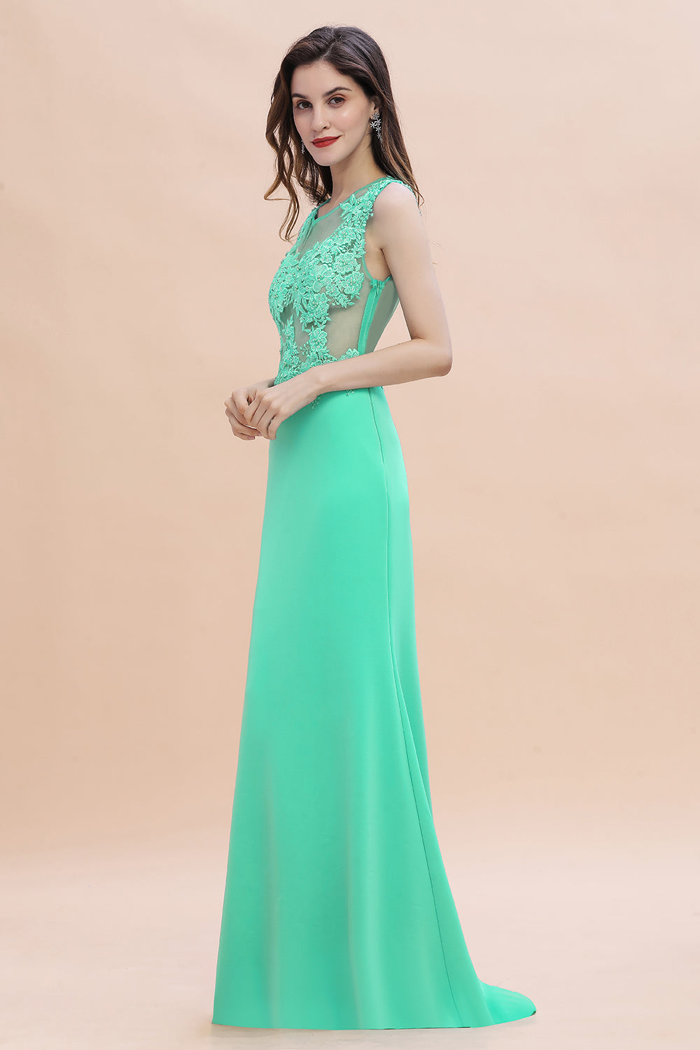 Turquoise Crew neck Cap sleeve Lace appliques Curves/Mermaid Floor Length Dress - Babyonlines