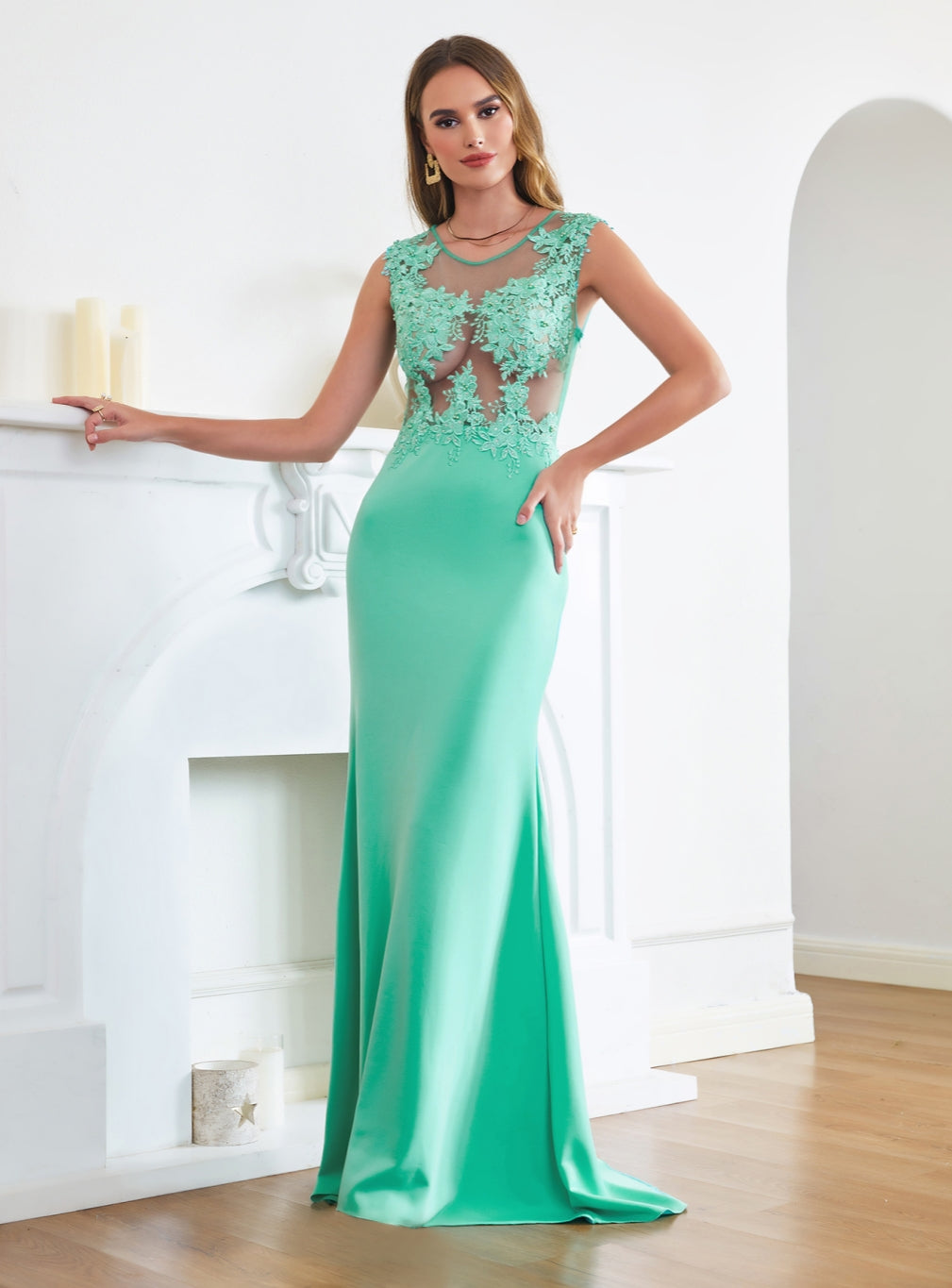 Turquoise Crew neck Cap sleeve Lace appliques Curves/Mermaid Floor Length Dress - Babyonlines