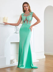 Turquoise Crew neck Cap sleeve Lace appliques Curves/Mermaid Floor Length Dress - Babyonlines
