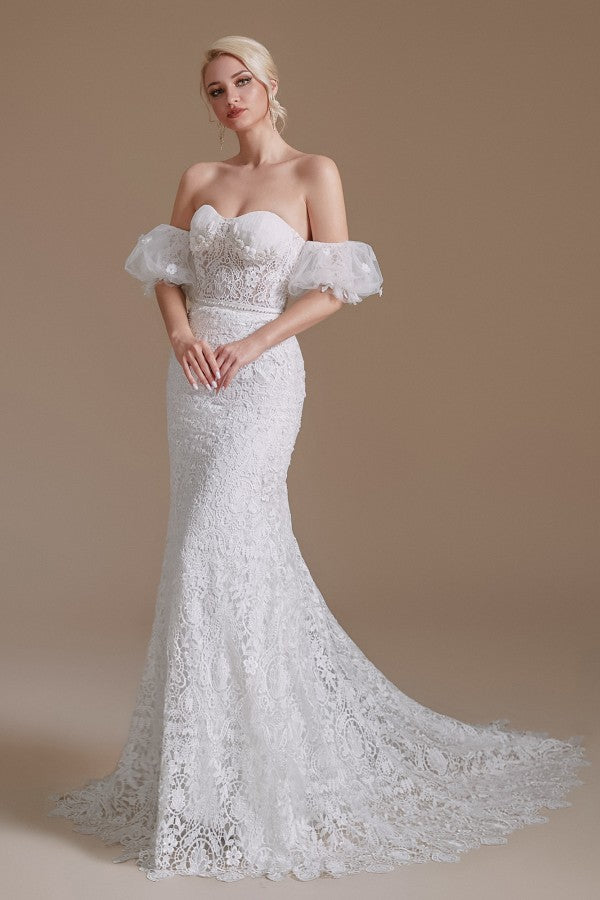 Long Mermaid Sweetheart Lace Wedding Dress with Detachable Sleeves