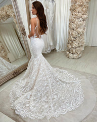 Long Mermaid Sweetheart Spaghetti Strap Wedding Dress with Lace and Backless Design