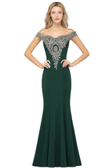 Long Off-the-Shoulder Floor Length Mermaid Evening Dress with Gold Appliques